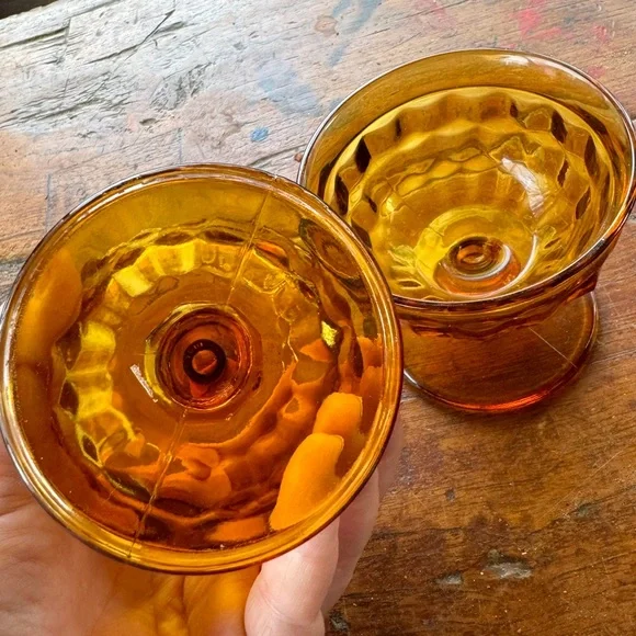 2 Vintage Indiana Amber Glass Whitehall Cubist Footed Sherbet Dish Dessert Bowls - Picture 4 of 4